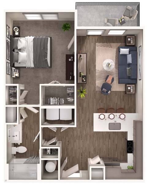 Floor plan for 1 bed, 1 bath, 731 sqft